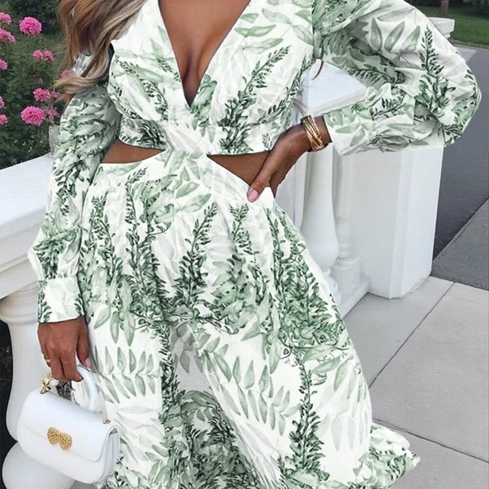 Green Boho Women's Casual Romantic Vacation Floral Print Sexy V-Neck Dress